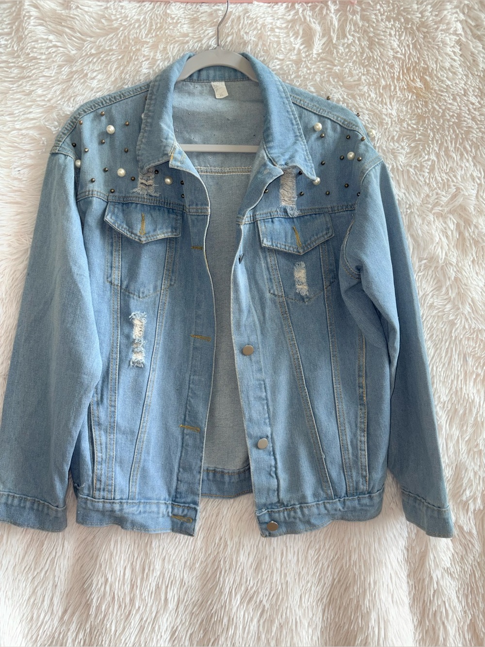 NWT Pearl & Stud Embellished Distressed Denim Jacket - Size XL